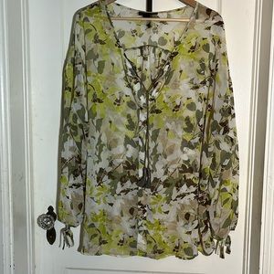 Lane Bryant 18-20 Long Sleeve Front and Sleeve Ties lovely Grns Brwn print.